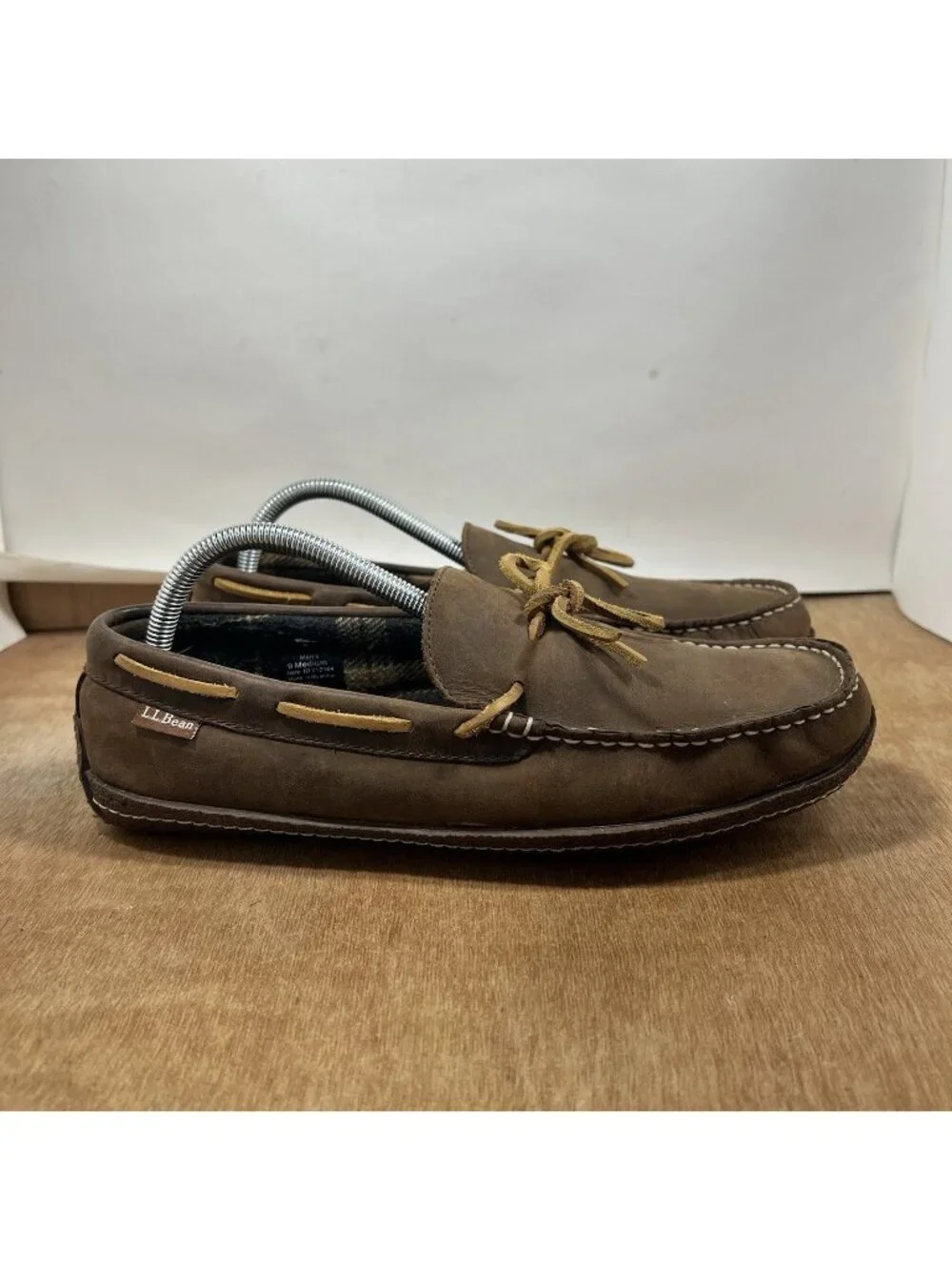 LL Bean Leather Slippers Mens Size 9 Brown Lined Moccasin